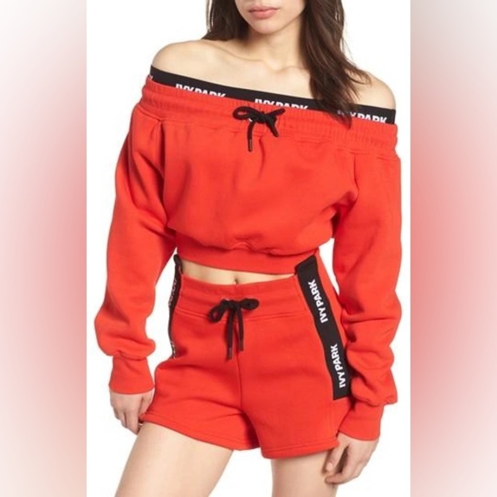 Ivy Park Red Off-Shoulder Cropped Sweatshirt XS - Picture 2 of 5
